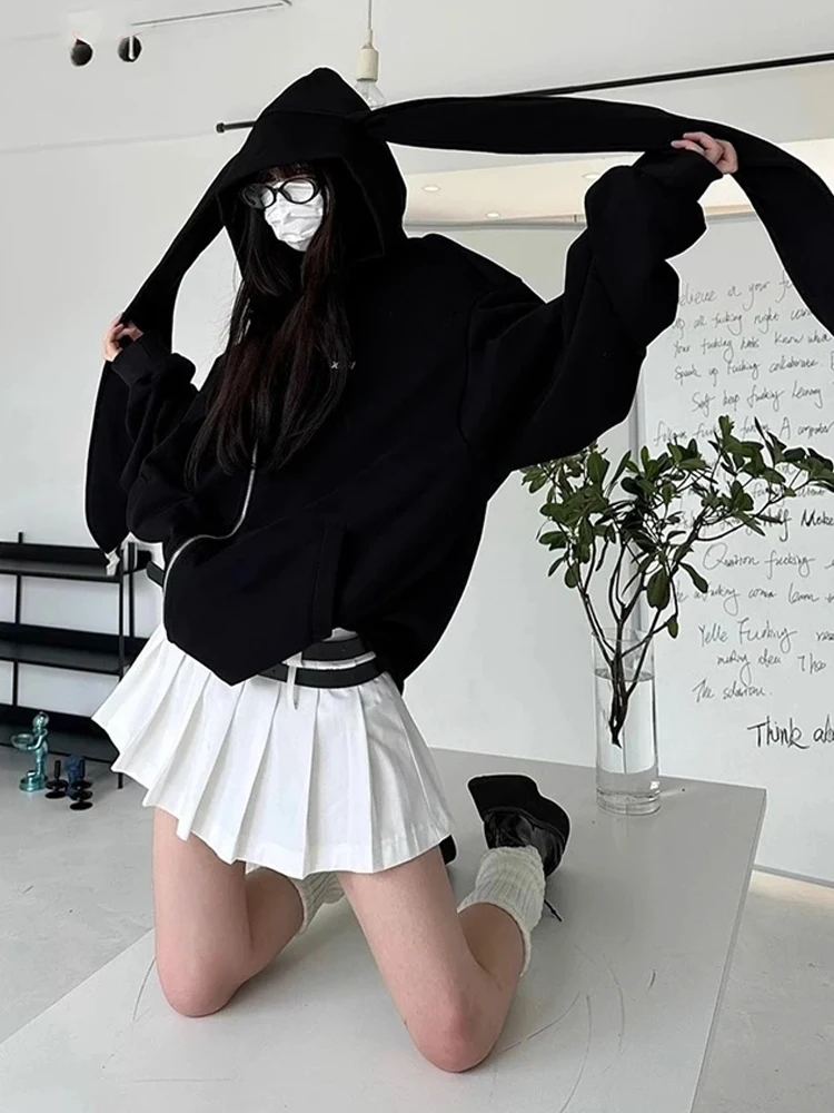 Black White Kawaii Loose Sweatshirts Harajuku Gothic Rabbit Ear Hoodies Zipper Coats Women\'s Autumn Fashion Streetwear Outerwear