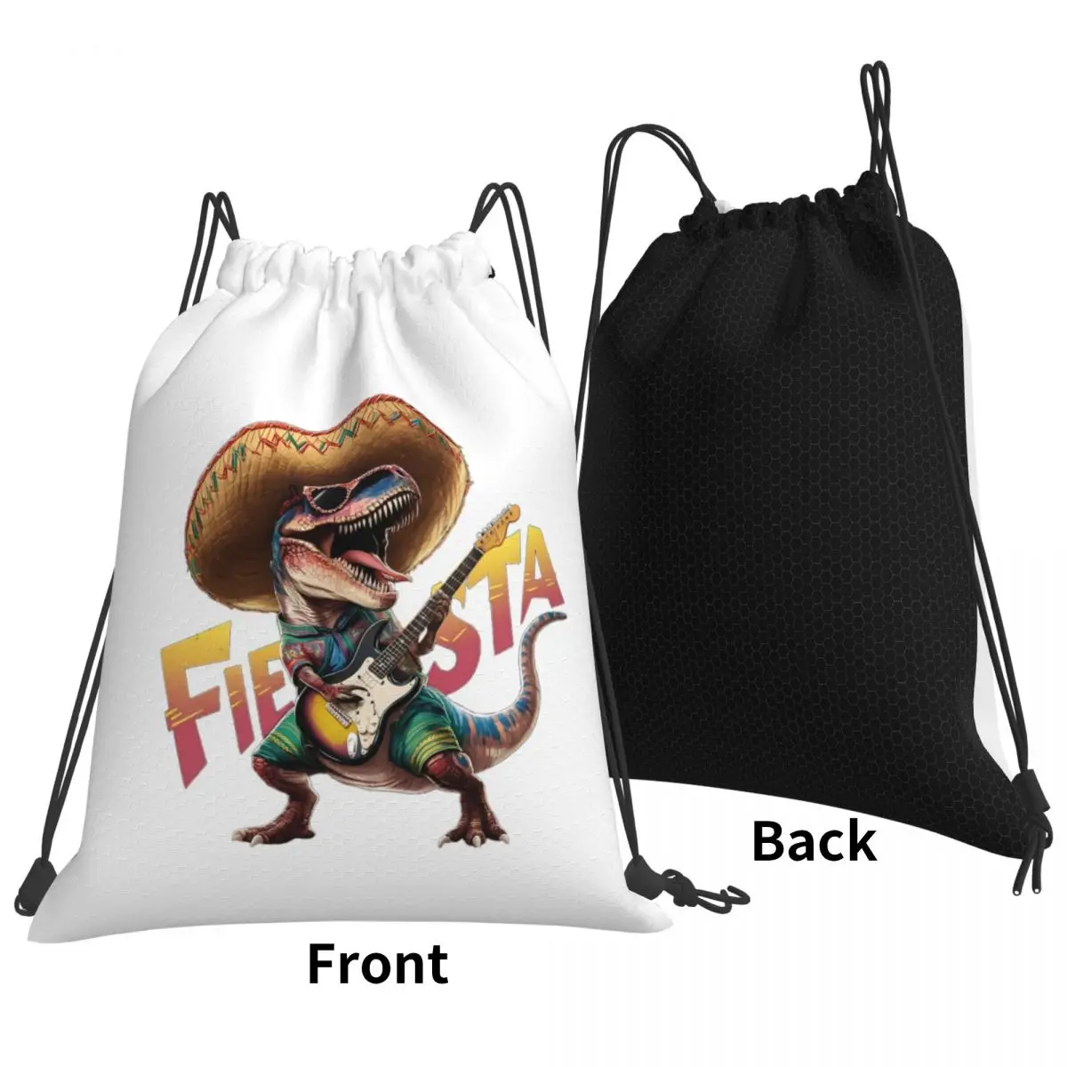 T-Rex Rock And Roll Fiesta With Sombrero Backpacks Casual Drawstring Bundle Pocket Sports Bag Book Bags for Man Woman School