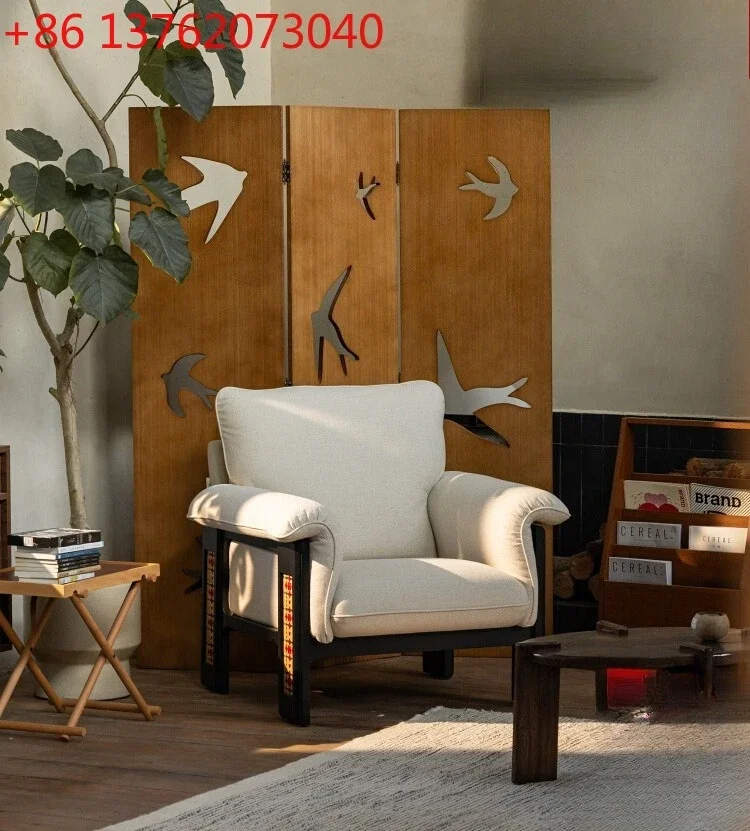 Yunsha chair intangible cultural heritage bamboo woven single cotton and linen fabric sofa French retro solid wood leisure chair