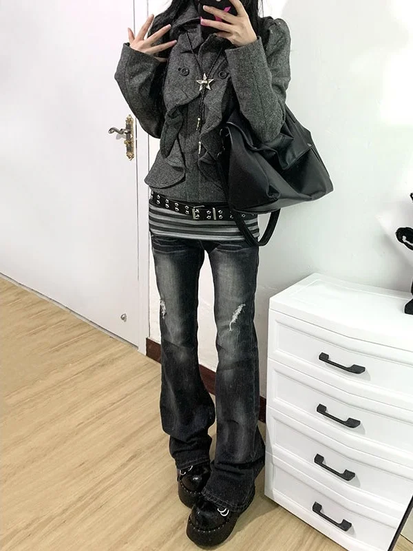Low Waist Y2K Vintage Distressed Denim Jeans Women's Bell Bottoms Frayed Hem American Retro Style Slim Fit Floor-Length Pants