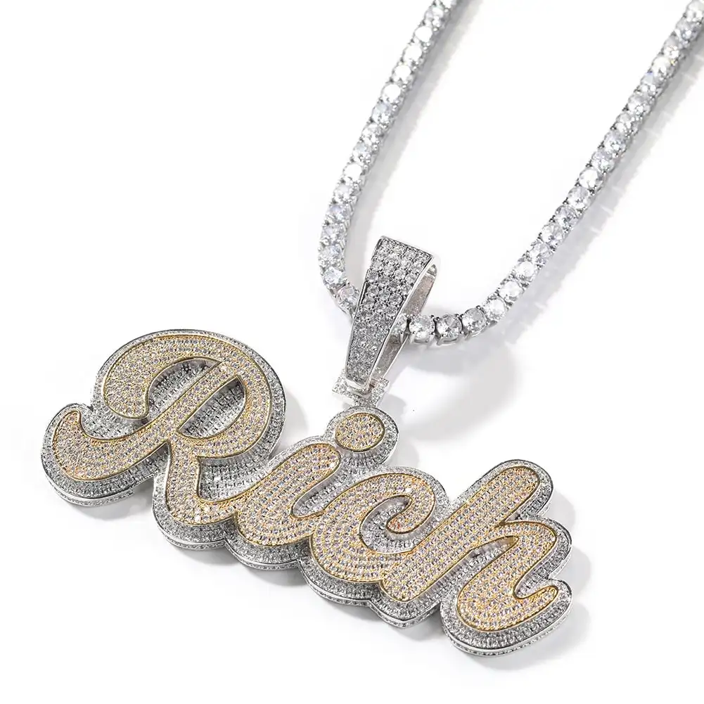 

3D Custom Name Plate Two Tone Script Font Moissanite Letter Necklace Hip Hop Luxury Jewelry Pendant Necklace Gift for Women Men