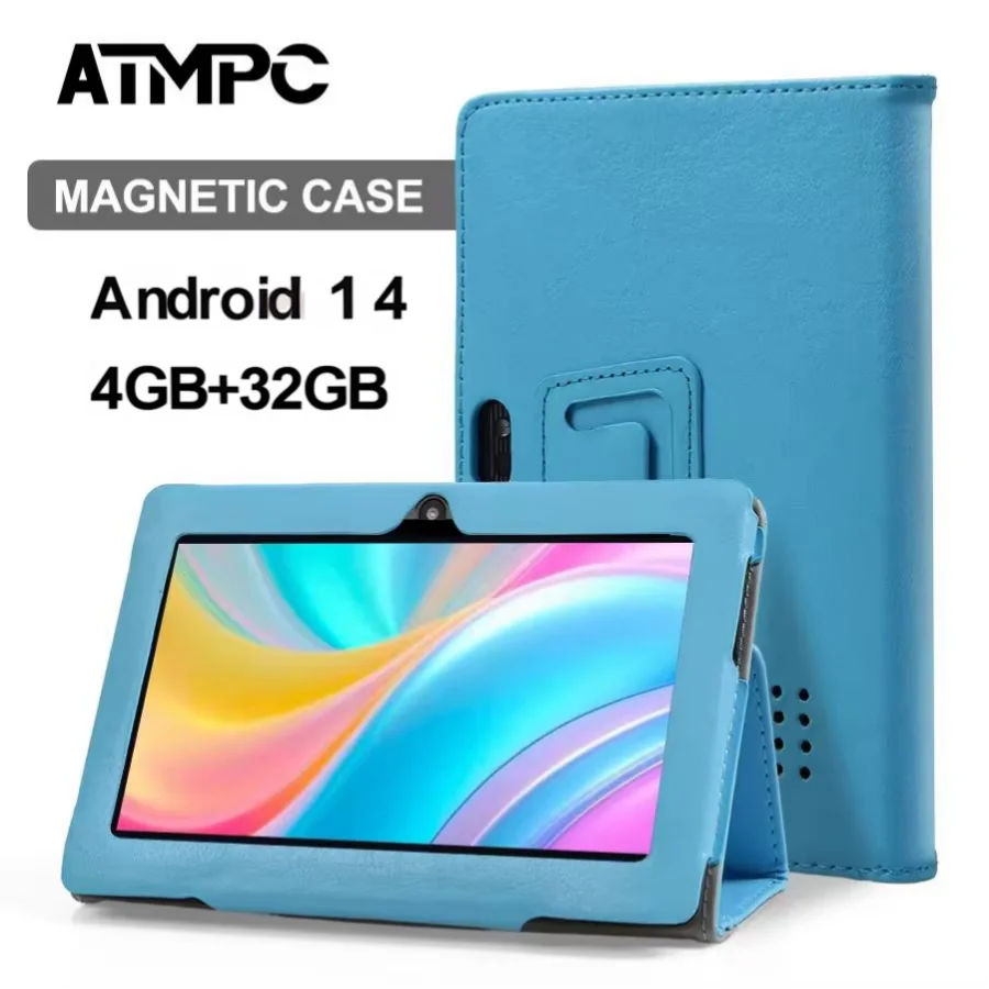 

ATMPC 7 inch Tablet, Android 14, 4GB RAM+32GB ROM, Quad-Core, 3500mAh, WIFI, BT 4.2, 1024*600 IPS Display, Magnetic Case Tablet