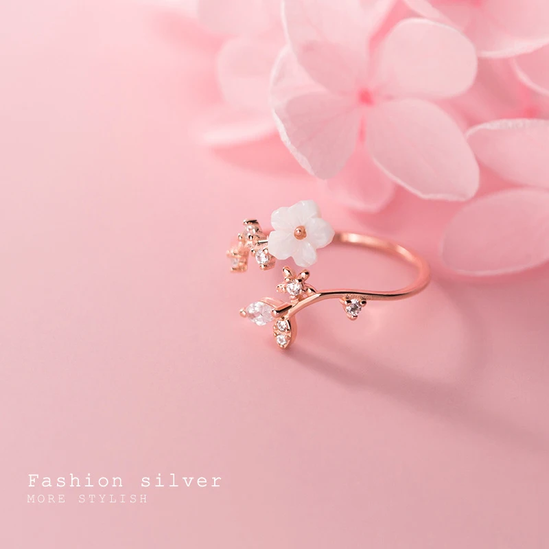 Modian New 925 Sterling Silver Radiant Zircon Leaves White Shell Flower Free Size Ring for Women Plant Ring Original Jewelry 3