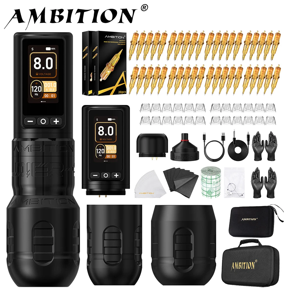 Ambition Soldier270 Kit Bezprzewodowa maszynka do tatuażu Pióro 4,0 + 4,5 mm Profesjonalny silnik bezszczotkowy 2400 mAh Uchwyt akumulatorowy 34 + 42 mm