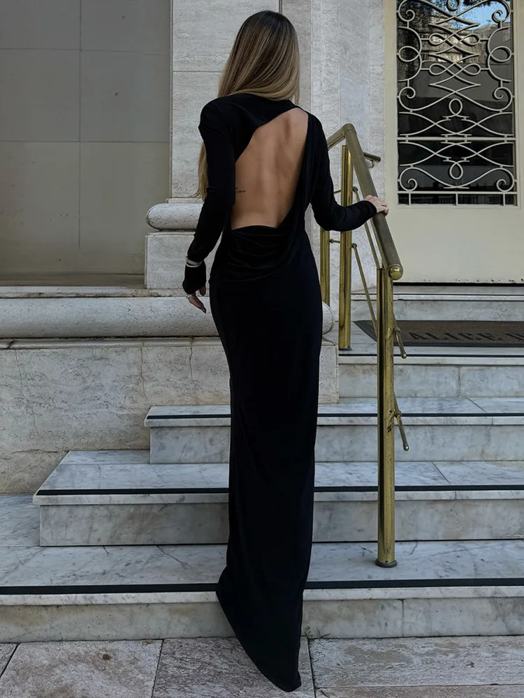 เดรสยาวทรงเอไลน์สำหรับผู้หญิง ดีไซน์หรูหราสำหรับงานกลางคืน แขนยาว คอทรงกลม ตัดเว้าหลัง ทรงเข้ารูป ยาวคลุมเท้า เหมาะสำหรับงานปาร์ตี้