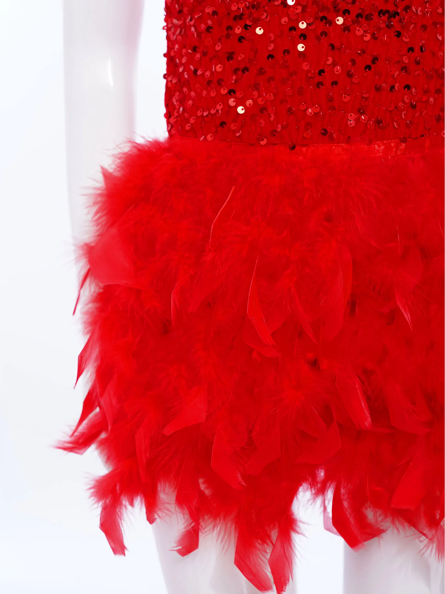 Girls Figure Skating Ballet Dance Dress Sleeveless Sequins Feather Velvet Leotards for Ballroom Latin Tango Dancing Performance