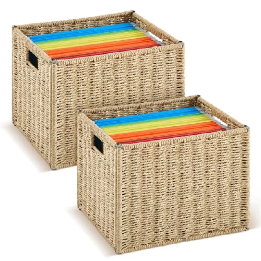 

2 Pack Paper Rope Hanging File Box Letter Size Document Filing Boxes Woven Decorative Storage Box Hanging File Basket for Offic