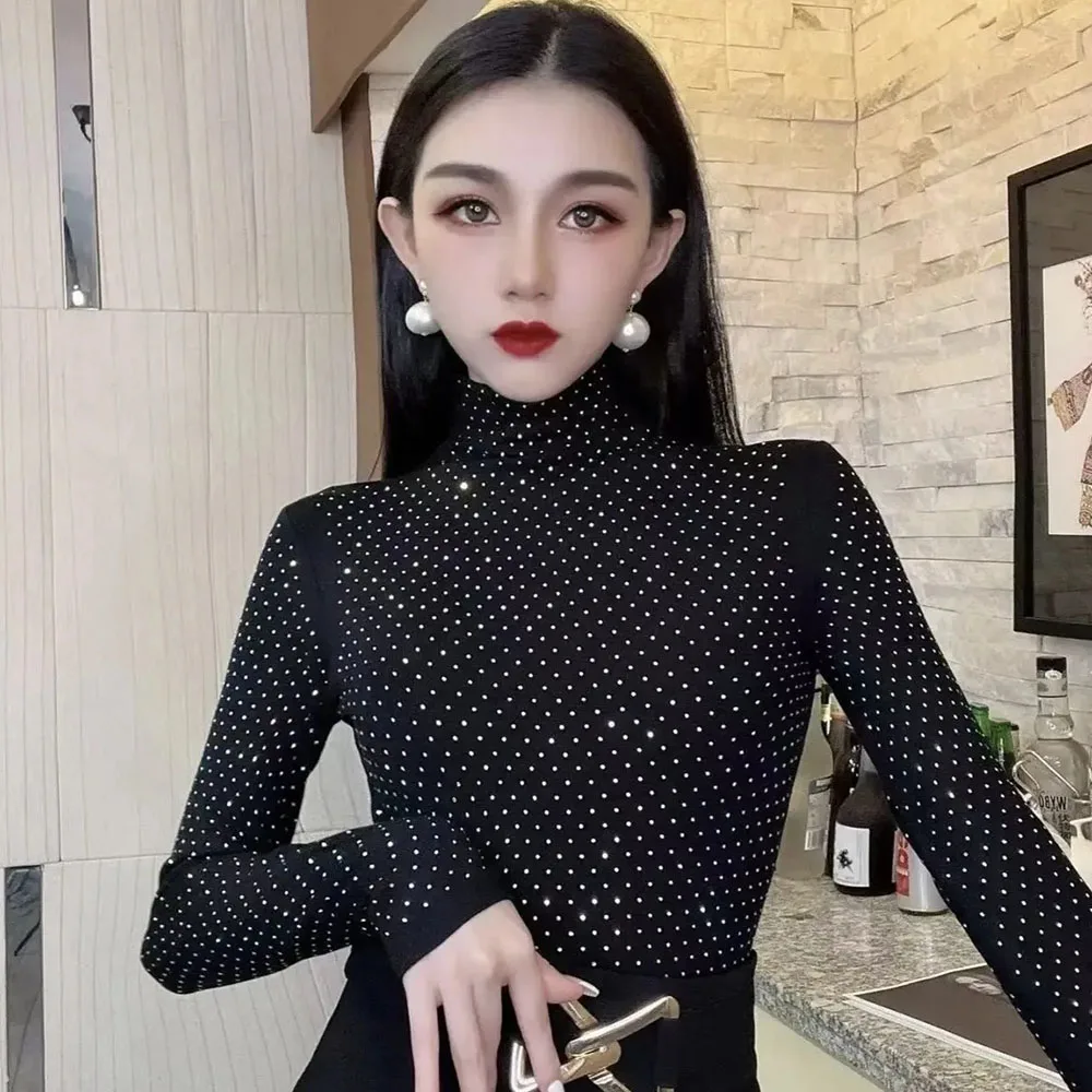 Fashion Autumn Hot Diamond T-shirt Women Turtleneck Bottoming Tops For Ladies Slim Jumper Blouse Female Tees Trend  2024 Spring