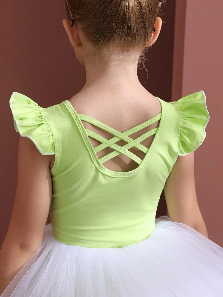 فساتين فتاة رفرفة الأكمام يوتار متقاطع الظهر 4 طبقات رقيق توتو تنورة كوريا الأميرة الجمباز سكيت الباليه الكلاسيكية