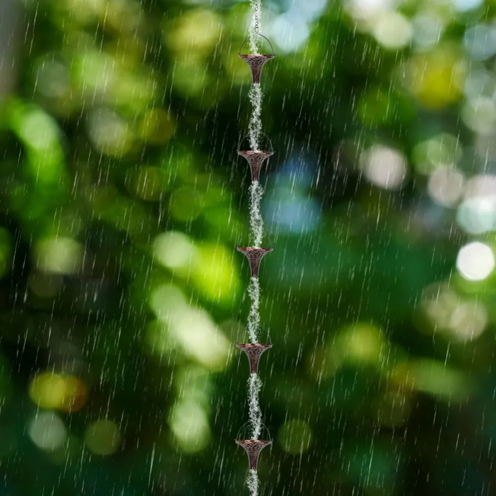 Corrente de chuva externa com copos em forma de funil, corrente de chuva ajustável, adequada para drenagem de vacas, beirais, 12 pés