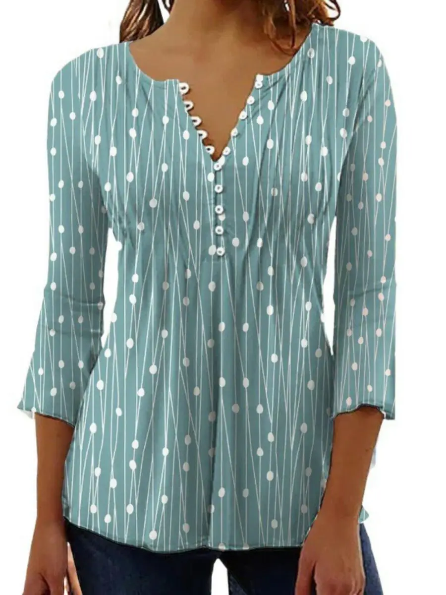 Base stampata V-ne da donna irt Long Sve Top di media lunghezza in misto poliestere Spring Faion Abbigliamento premium da donna