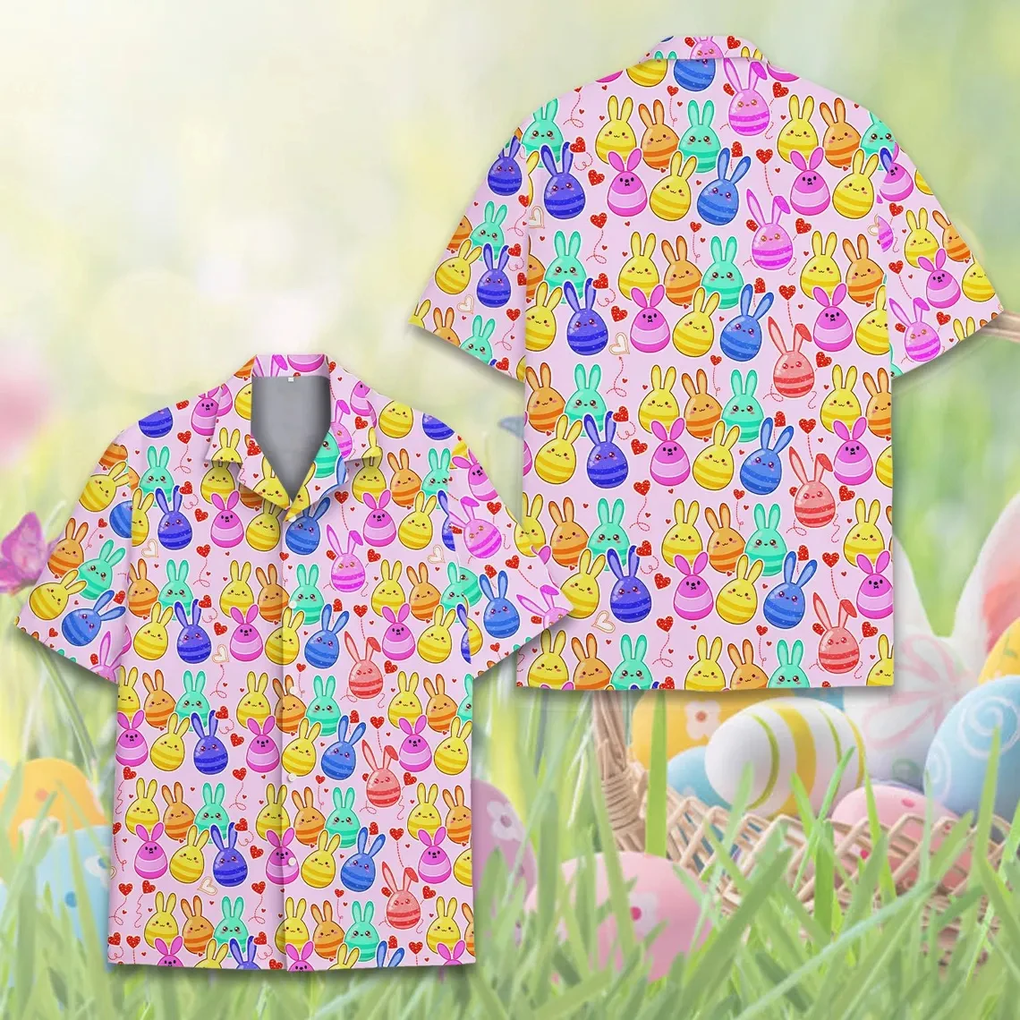 

Mens Hawaiian Shirt Cute Easter Bunny Egg Print All Over Graphic Short Sleeve Breathable Casual Summer Vacation Beach Trend Tops