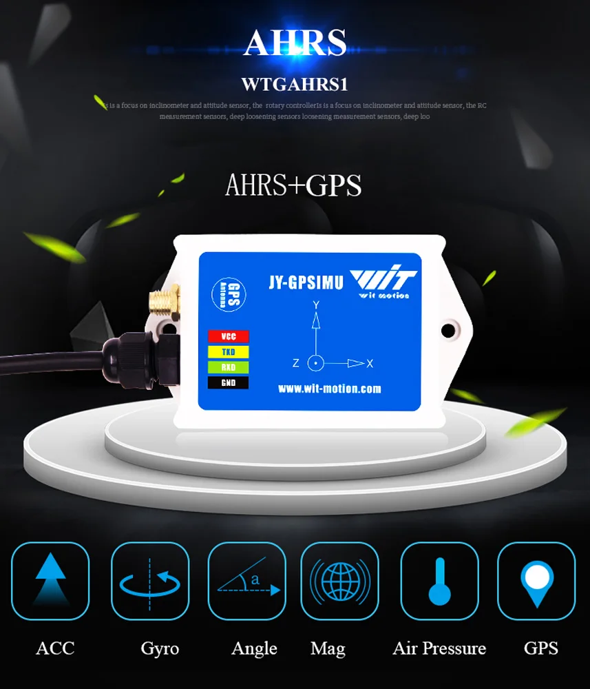 

WitMotion WTGAHRS1 10-axis High-stability IMU AHRS Inclinometer, High-precision Acceleration+Gyro+Angle+Magnet+Air Pressure+GPS