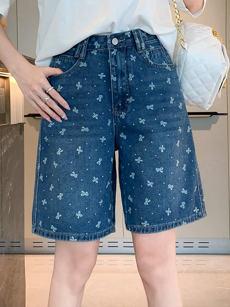 

Leisure Bow Print Denim Loose Straight Middle Pants 2024 Summer New Korean Fashion Women'S Clothing