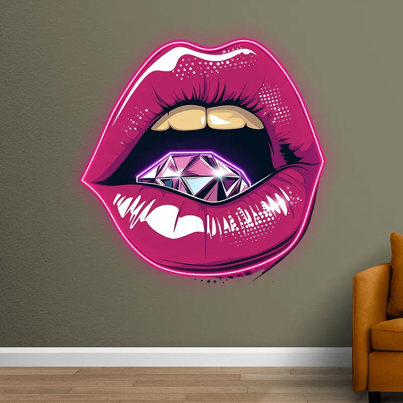 Bold Lip Close-Up LED Neon Sign, Bright Red Lips with Large Diamond, Perfect for Beauty Salons & Glamorous Decor