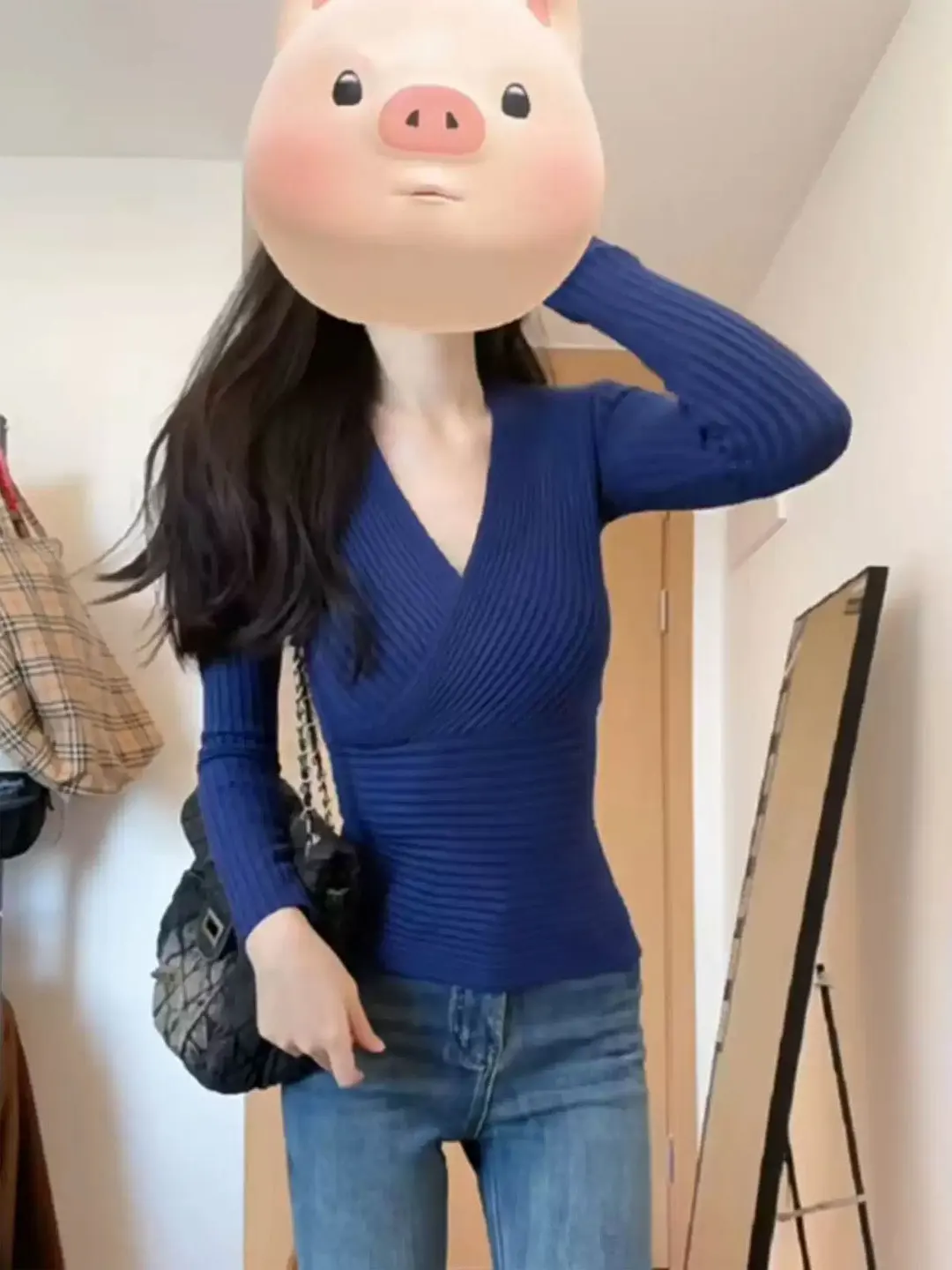 الأزرق V-Ne الصليب طويل Sve محبوك قاعدة irt المرأة سليم صالح ملابس داخلية لباس خارجي سترة علوية لخريف شتاء