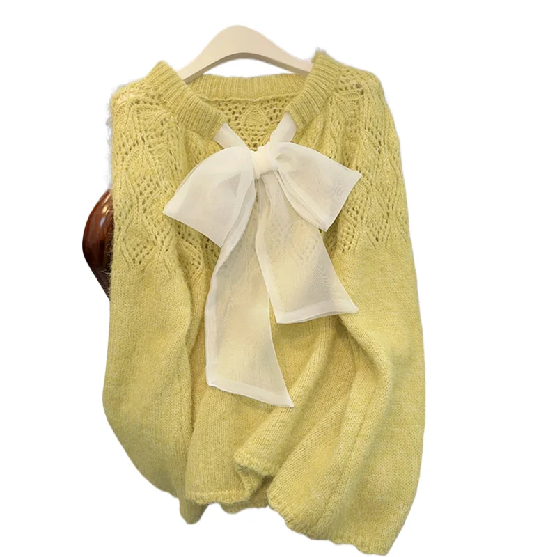 

Свитер с бантом на шнуровке во французском стиле, весна-осень, милый вязаный топ с длинными рукавами, женский универсальный свободный пуловер с круглым вырезом