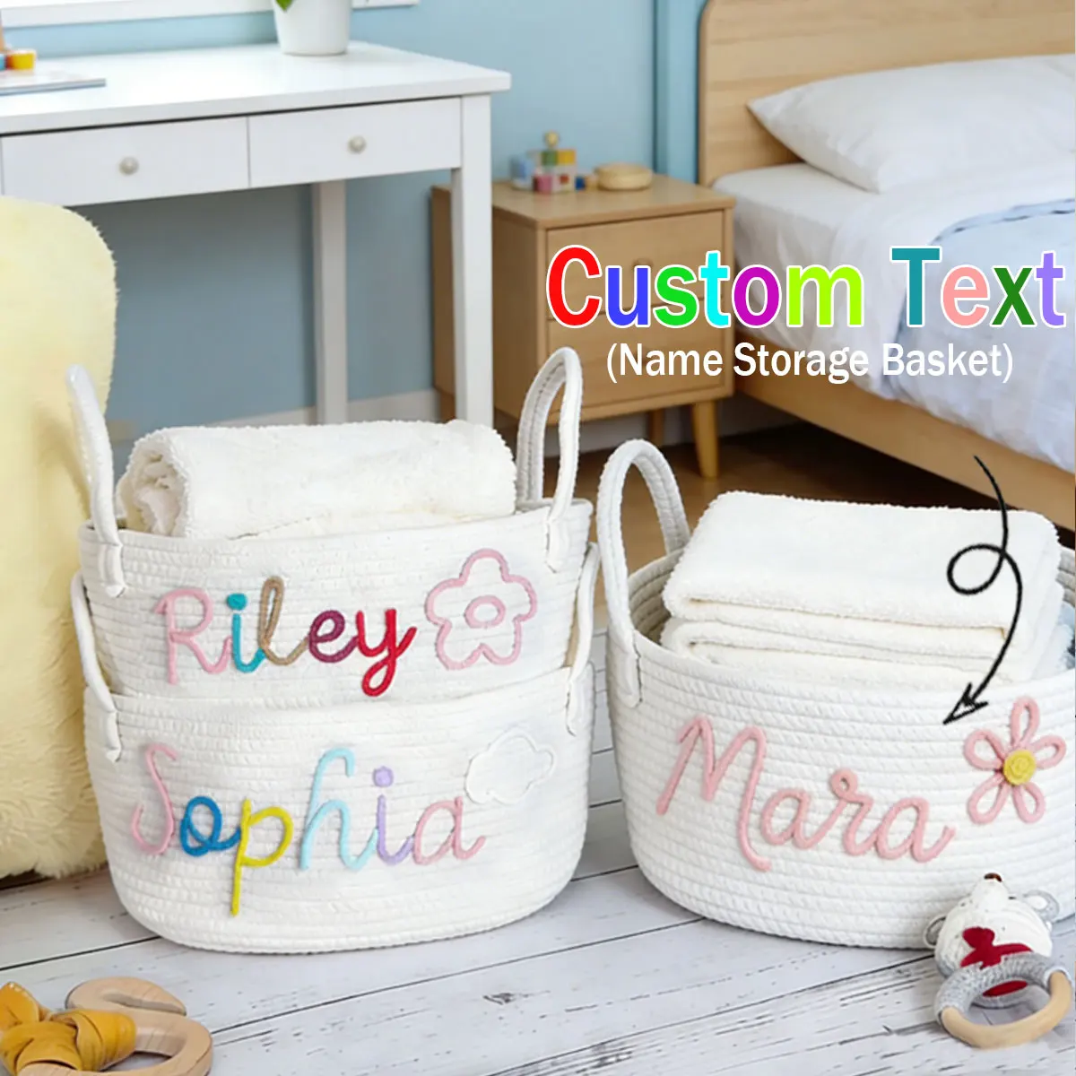 

[Custom] 1pc Personalized Hand-Woven Storage Basket with Handles — Home Organizer, Toy Basket, Holiday Gift & Decor