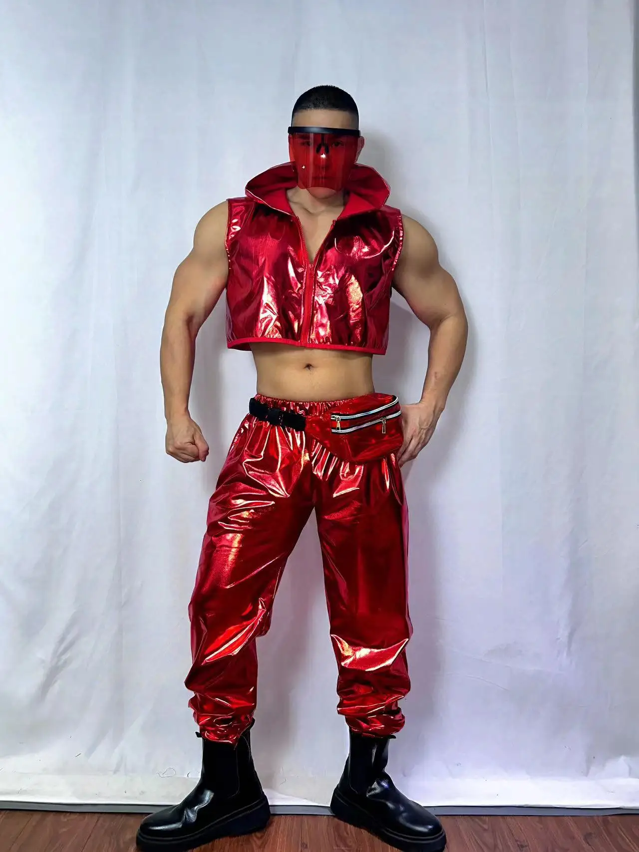 ヒップホップジャズパフォーマンス衣装レッドレザーベストパンツセットステージウェアナイトクラブバーゴーゴー男性ストリートダンスコスチュームダンサーグループ