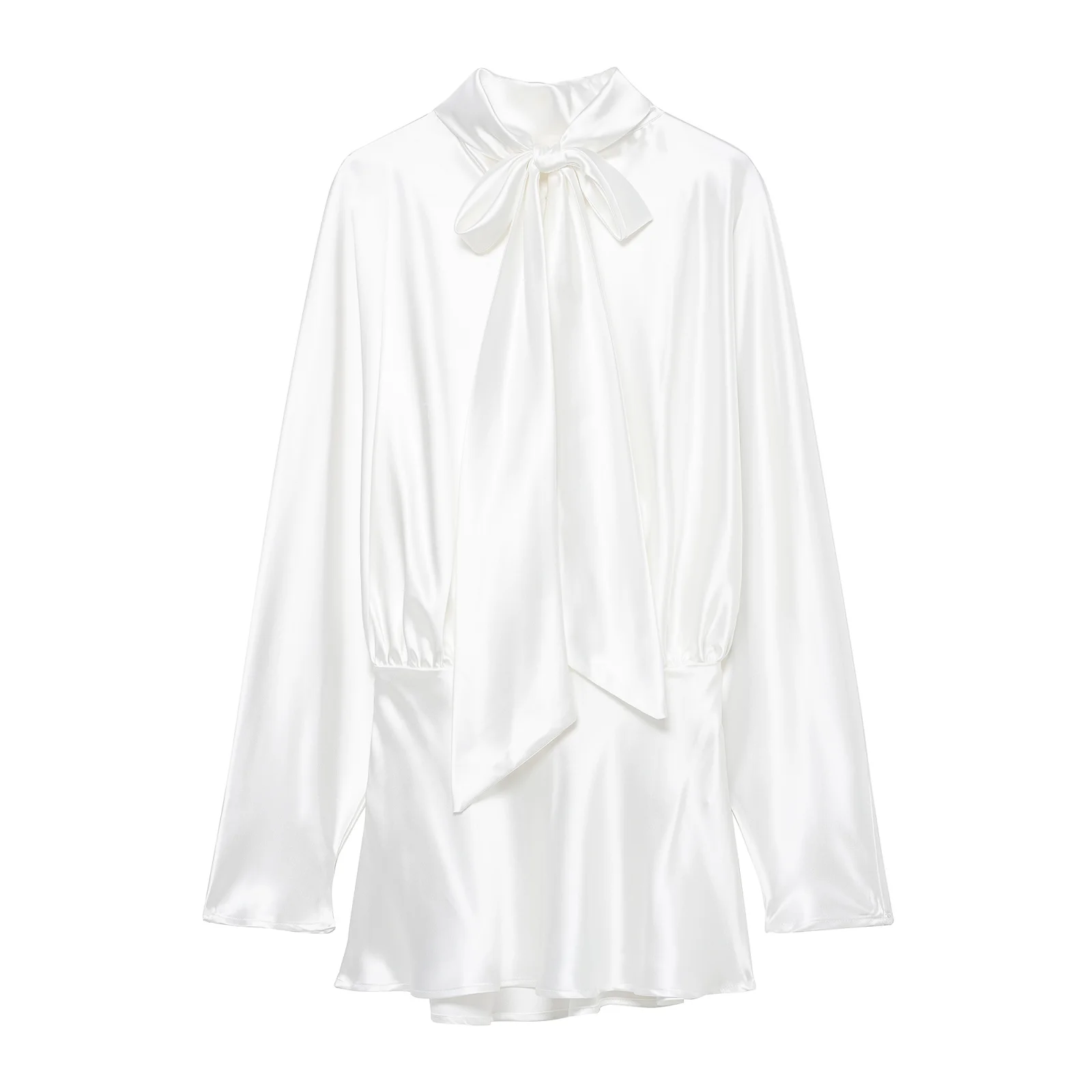 Ele لون نقي من الساتان طويل Sve Dr مع ربطة القوس فيونكة با عقدة ort تنورة للنساء الخريف عارضة عالية الياقة