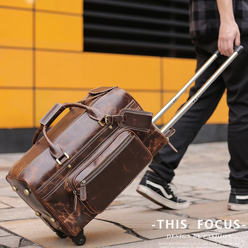 Men\'s Genuine Leather Trolley Bag with Wheels Retro Travel Suitcase Waterproof Large Capacity Rolling Luggage Business Handbag