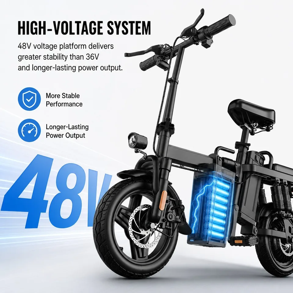Folding Electric Bike 14" 48V 15Ah, 60km Range 43km/h Commuter E-bike, Dual Disc Brakes 150kg Load Portable Bicycle with Front Basket image 6