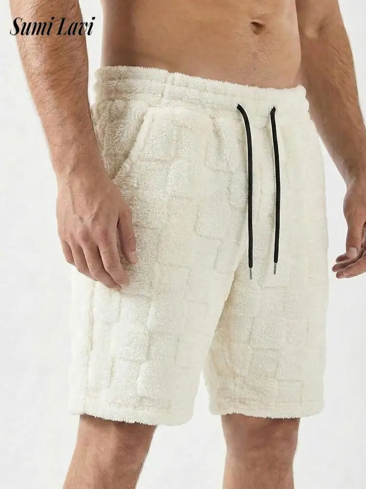 

2026 Summer Casual Mens Solid Color Fleece Shorts Vintage Loose Drawstring Lace-up Short Pant For Men Spring Fashionable Shorts