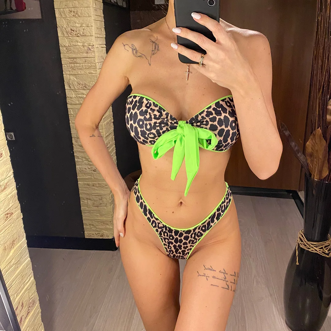 Sexy Bandeau-Bikini mit Knoten und Leopardenmuster, Damen-Badeanzug, zweiteiliges Bikini-Set, Badebekleidung, Badeanzug, Modell V4179 – Detail 2