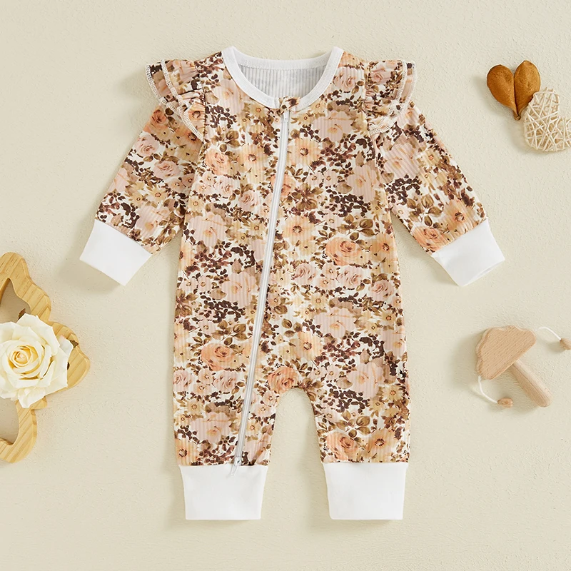 

2024-05-20 Lioraitiin Autumn Infant Baby Girl Jumpsuit Ruffle Long Sleeve Floral Print Romper Spring Fall Outfit Clothes