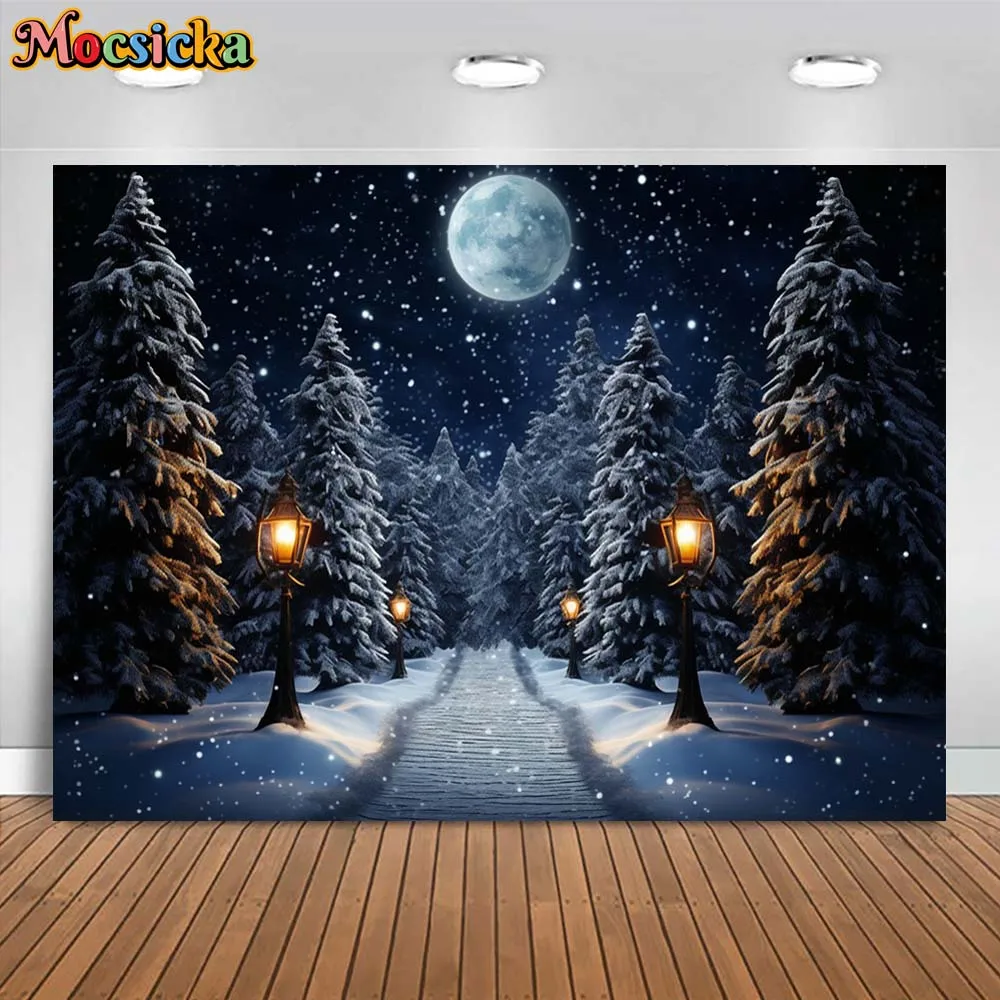 Mocsicka Winter Forest Backdrop for Photography Night Star Full Moon Snow Road Light Pine Tree Outdoor Portrait Photo Background