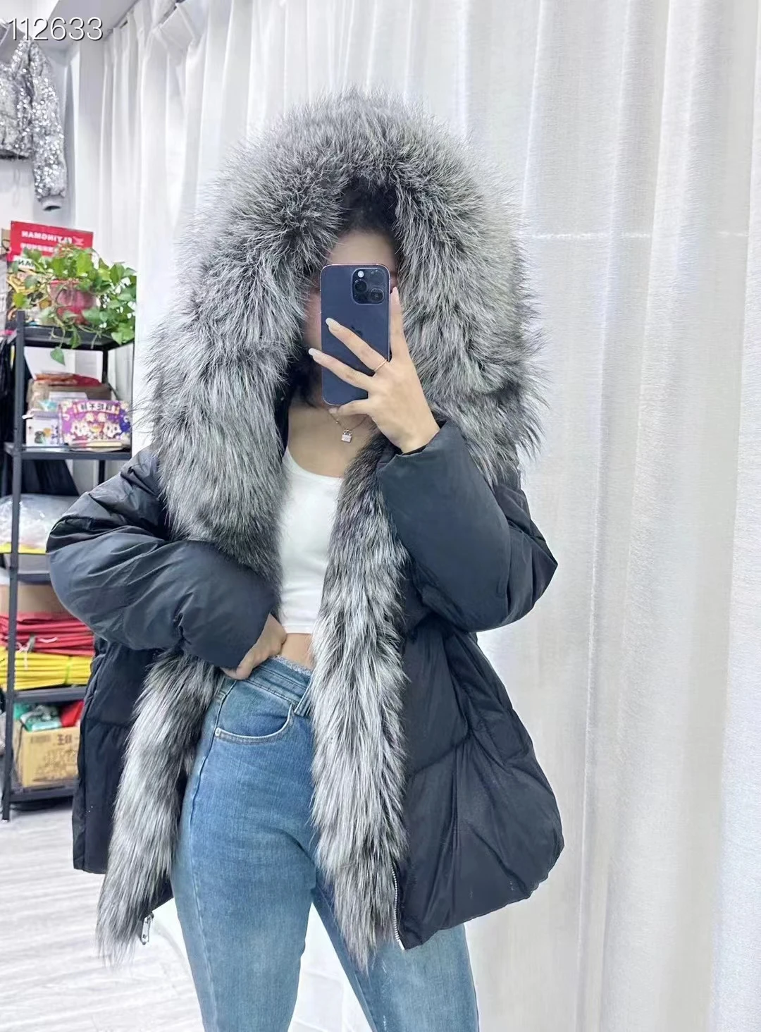 FURYOUME Women Winter Hooded Coat White Duck Down Jacket With Big Real Silver Fox Fur Trim Female Loose Outerwear