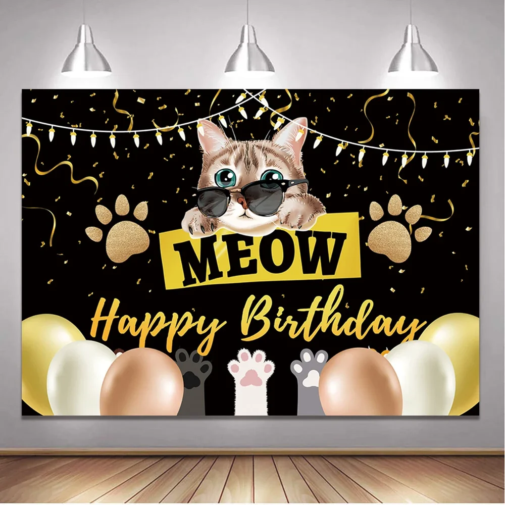 ブラックゴールドペットテーマパーティー背景漫画足跡猫動物ペット誕生日カスタム名写真背景装飾バナー