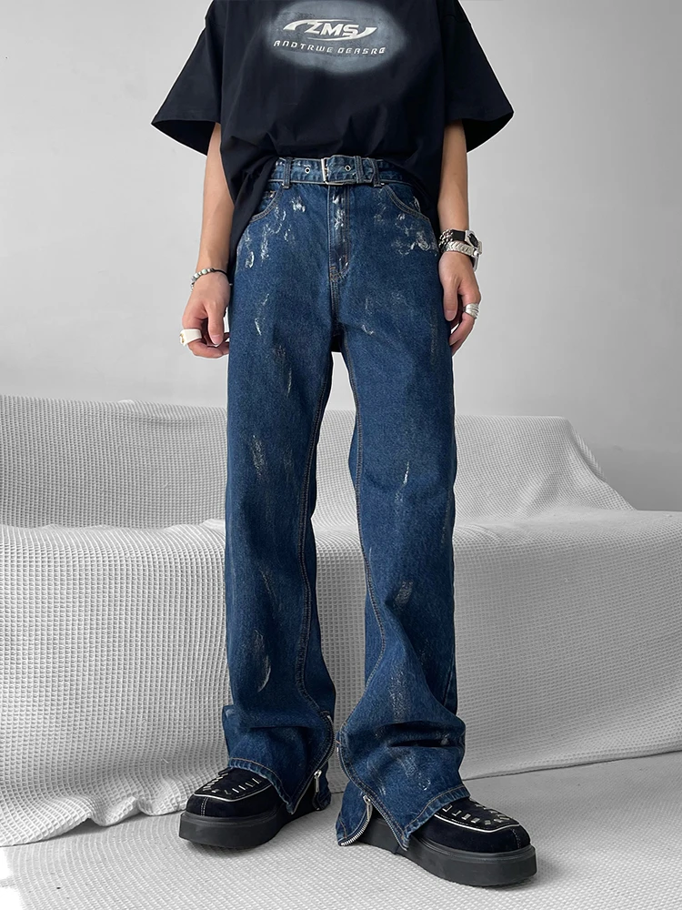 

Trendy High Street Loose Wide Leg Men's Jeans Spring Autumn Zipper Slit Design Casual Straight Cut Jeans for Young Men