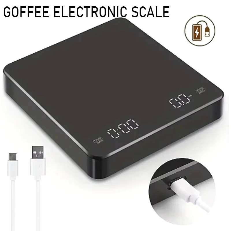 Digital Rechargable Coffee Scale with Timer LED Screen Espresso USB 3kg Max.Weighing 0.1g High Precision Measures Kitchen Scale