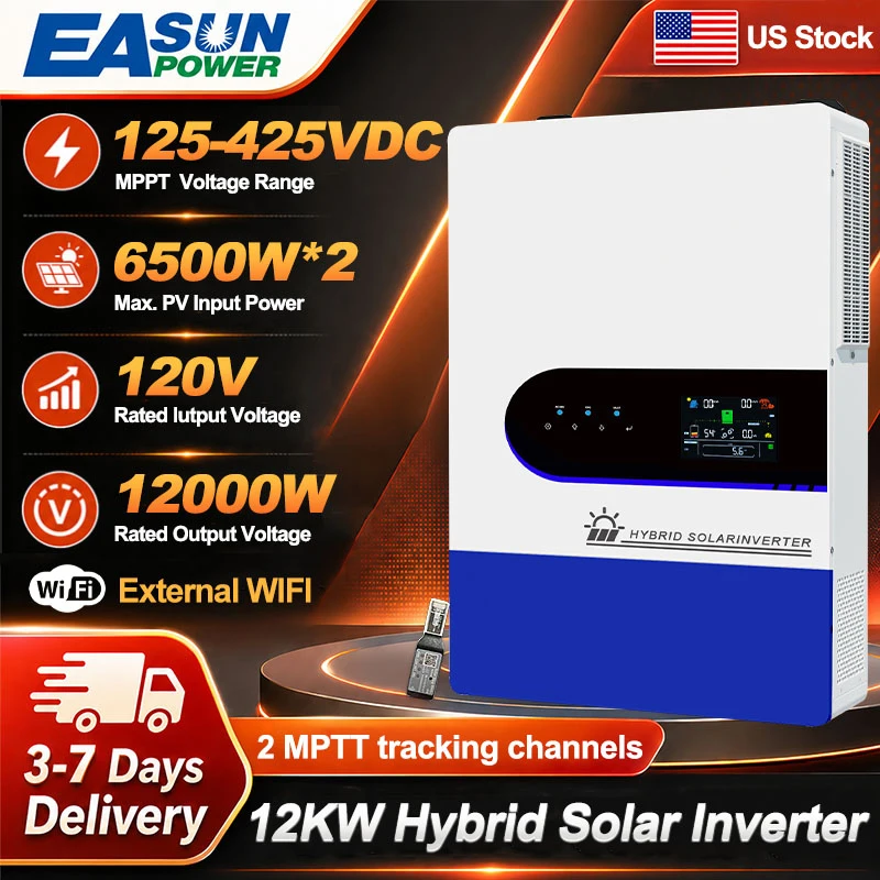 EASUN POWER 12KW Split Phase Hybrid Solar Inverter Dual MPPT 160A 500VDC PV Input 48V Pure Sine Wave 120/220V Dual Output 6PCS Parallel No Battery Work Lithium BMS for US