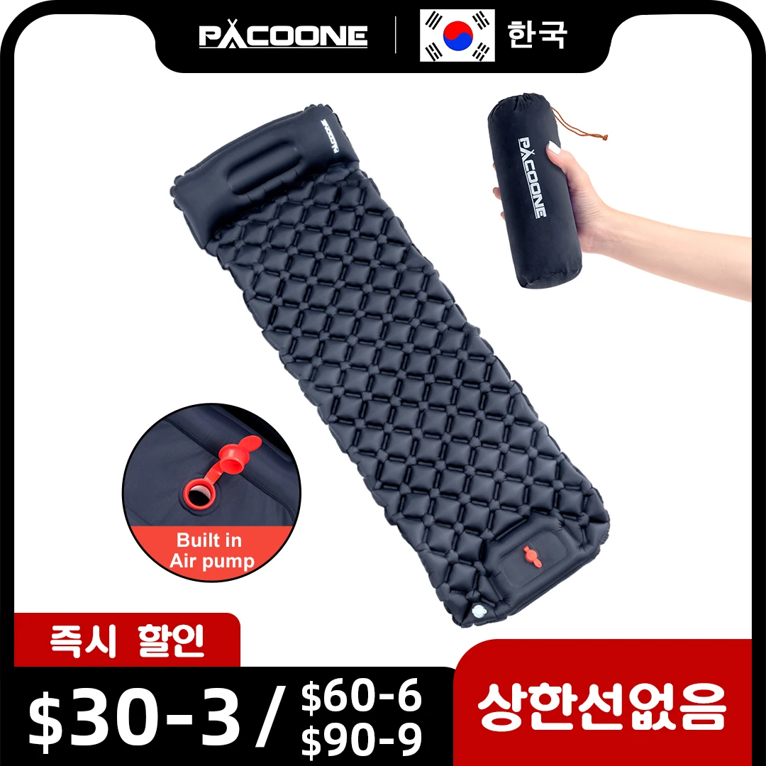 PACOONE 베개 탑재 초경량 에어 매트, 야외 캠핑 취침 패드, 공기주입식 매트리스, 내장 인플레이터 펌프, 하이킹 여행용