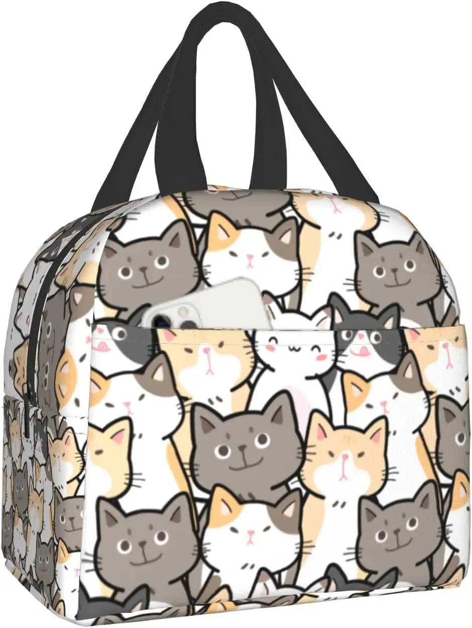 Cute Cats Insulated Lunch Bag for Woman Cute Kittens Lunch Box White Orange Gray Cats Reusable Cooler Tote Bag 8x5x8.5inch