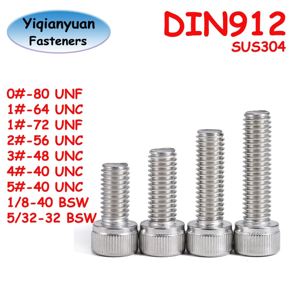 Yiqianyuan 0#-5# UNC UNF 1/8-40 5/32-32 BSW DIN912 SUS304 A2 Stainless Steel Hex Socket Knurled Cap Head Bolts Allen Key Screws