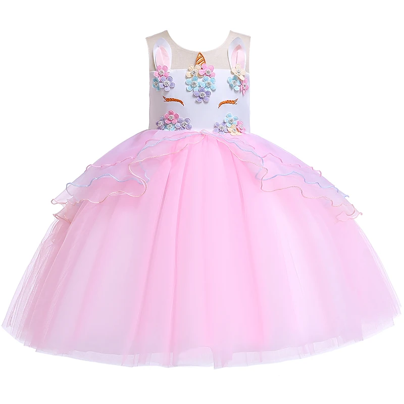 Girl Unicorn Cosplay Dress Children Party Birthday Princess Costume Sleeveless Trailing Wedding Christmas Outfit Girl Clothing