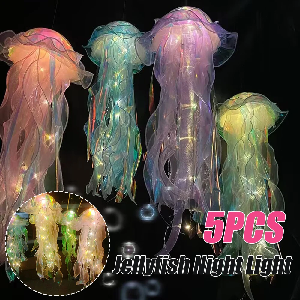 5PCS Jellyfish Bedroom Light Lamp Button Battery Hanging Ceiling Lantern Realistic with Ribbon&Bead for Children Bedroom Deco