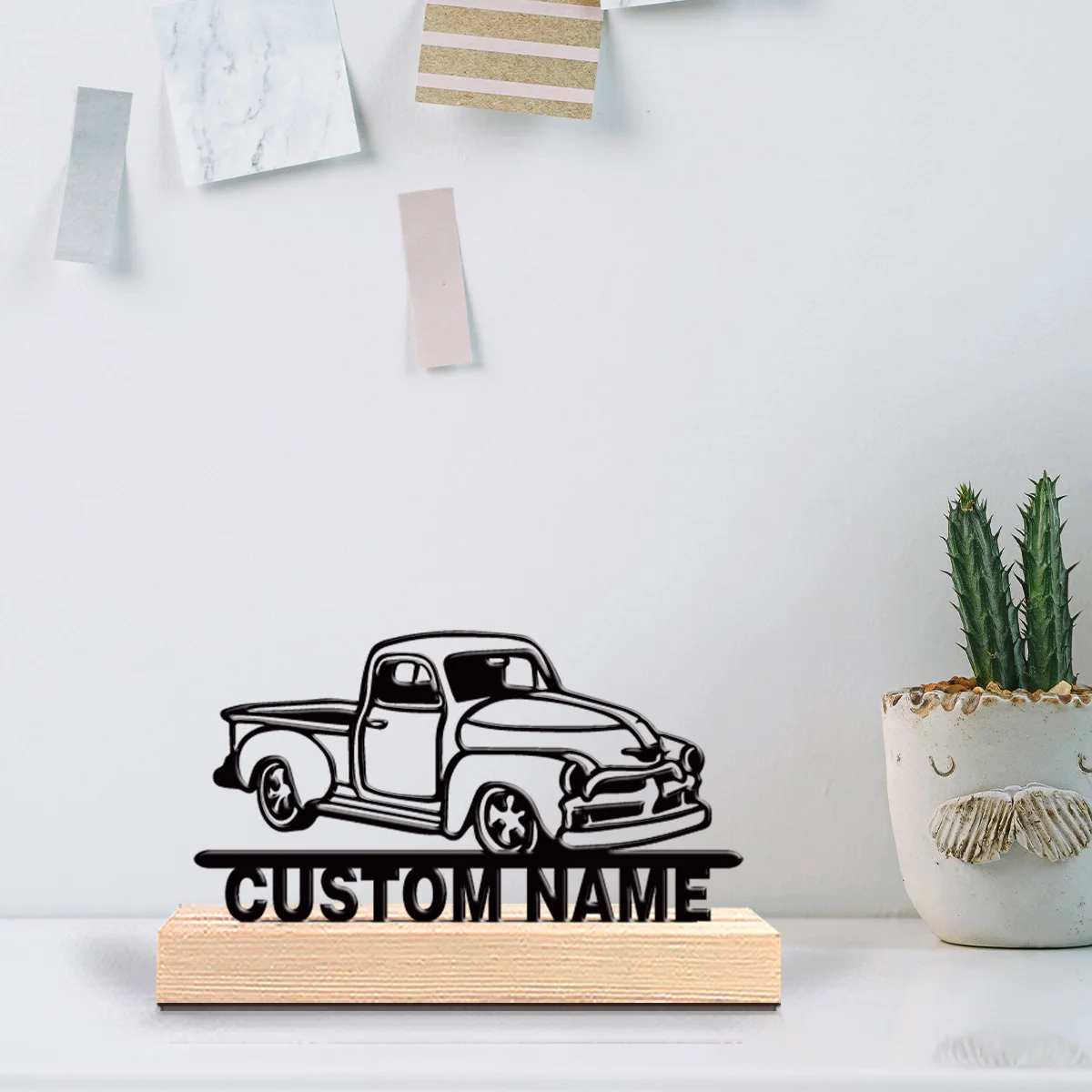 1pc Fashion Personalized Custom Pickup truck Metal Art With Wooden Base Tabletop Decoration Adventure Desk Sculpture with Woode