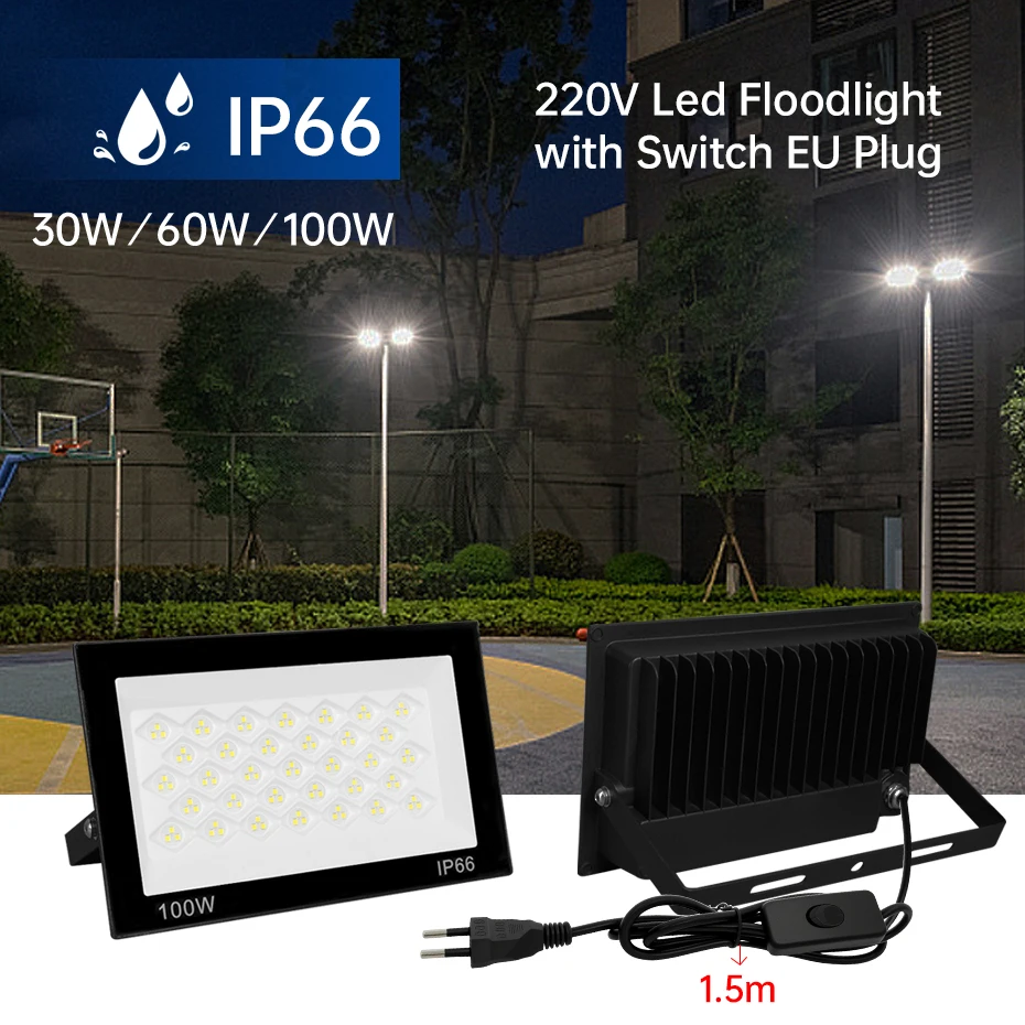 

Светодиодный прожектор 30W 60W 100W 220V с вилкой-переключателем (AU/UK/EU) для наружного освещения, IP66, водонепроницаемый, для сада, стен, прожектор-фонарь