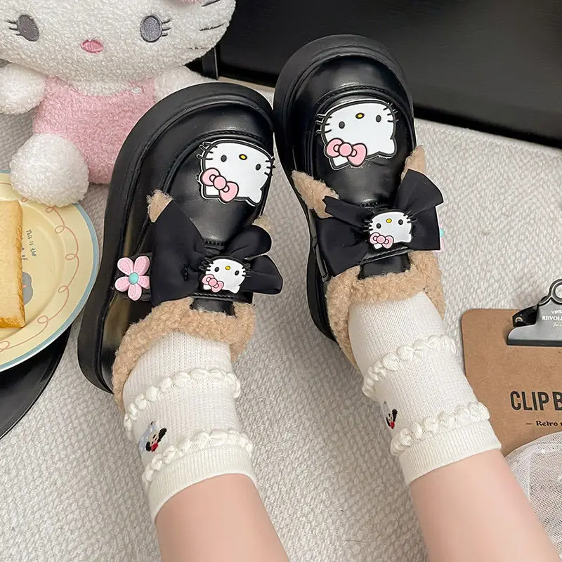 

Kawaii Kuromi Sanrio, детская удобная теплая кожаная обувь с милым рисунком, флисовые непромокаемые ботильоны, обувь на плоской подошве, подарок для детей