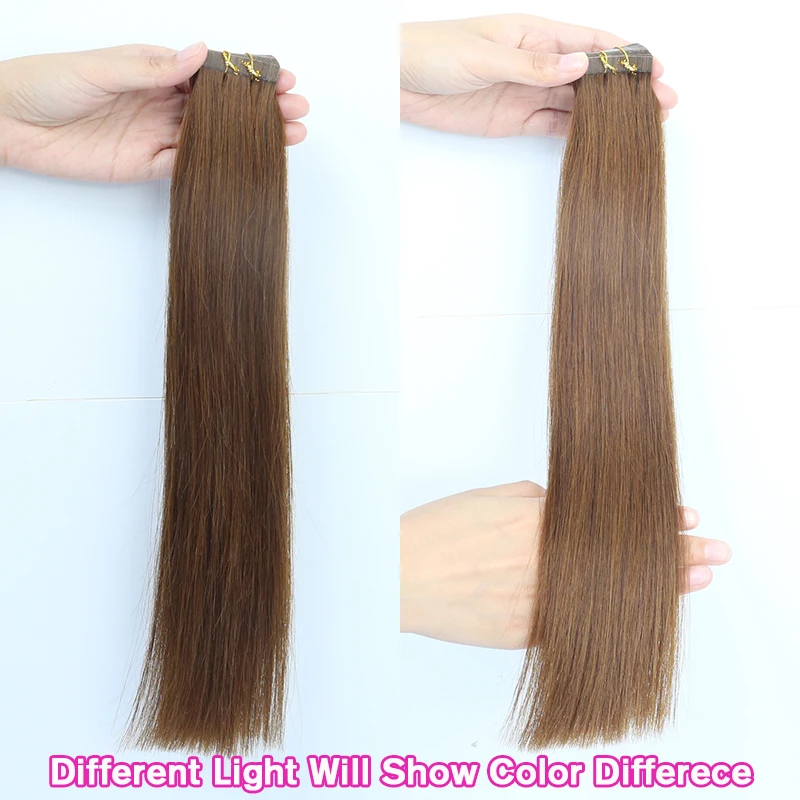 شريط في وصلات الشعر شعر بشري طبيعي 100% # 4 حزم شعر بشري حقيقي مفرود بني داكن عالي الجودة من جلد البولي يوريثان، شعر ريمي #3