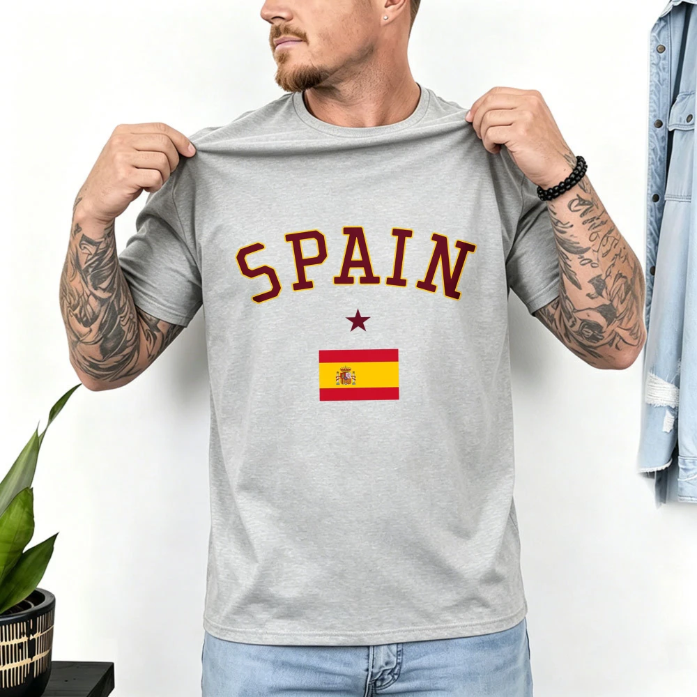 Spain Soccer Cup 2026 Arch Shaped Flag T Shirt Varsity Style Spain Flag Single Star Graphic T Shirt Football Fan Cotton Tops