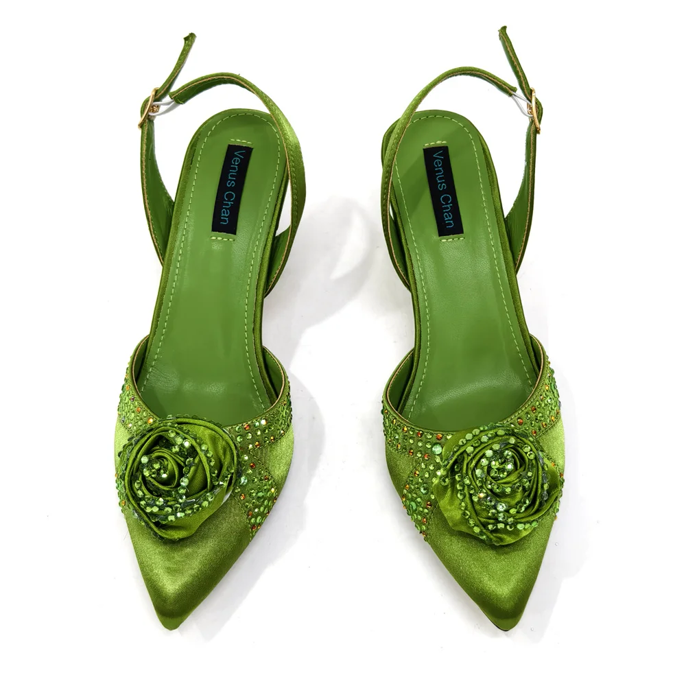 Venus Chan Sparkling Rhinestone Rose Pumps With Medium Heel for Nigerian Women\'s Party, Pointed Toe Shoes and Matching Bags