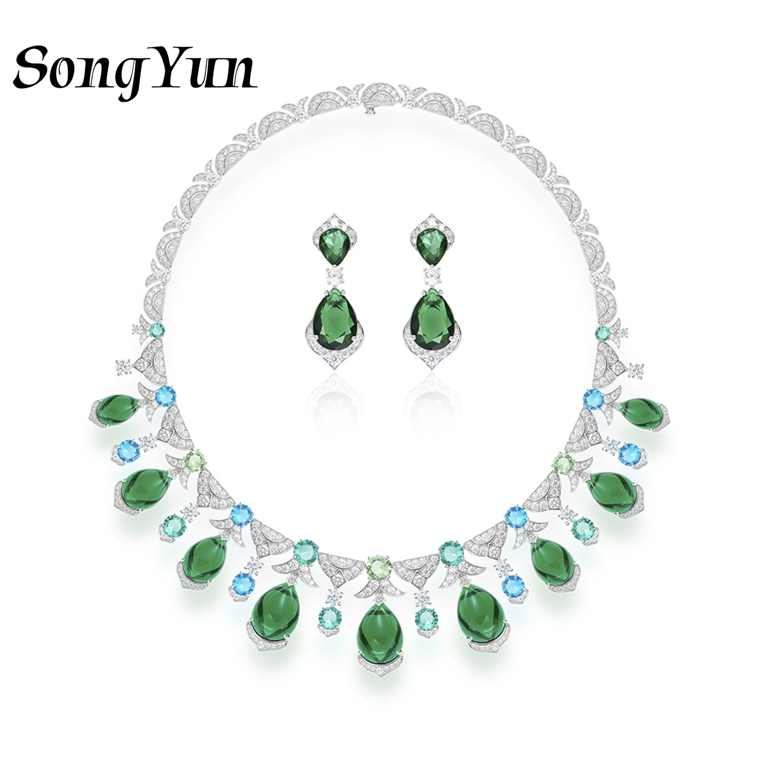 

SY Luxury Jewelry 925 Sterling Silver Necklace Earring Ladies Party Evening Dress Collarbone Chain Necklace Earrings Jewelry Set