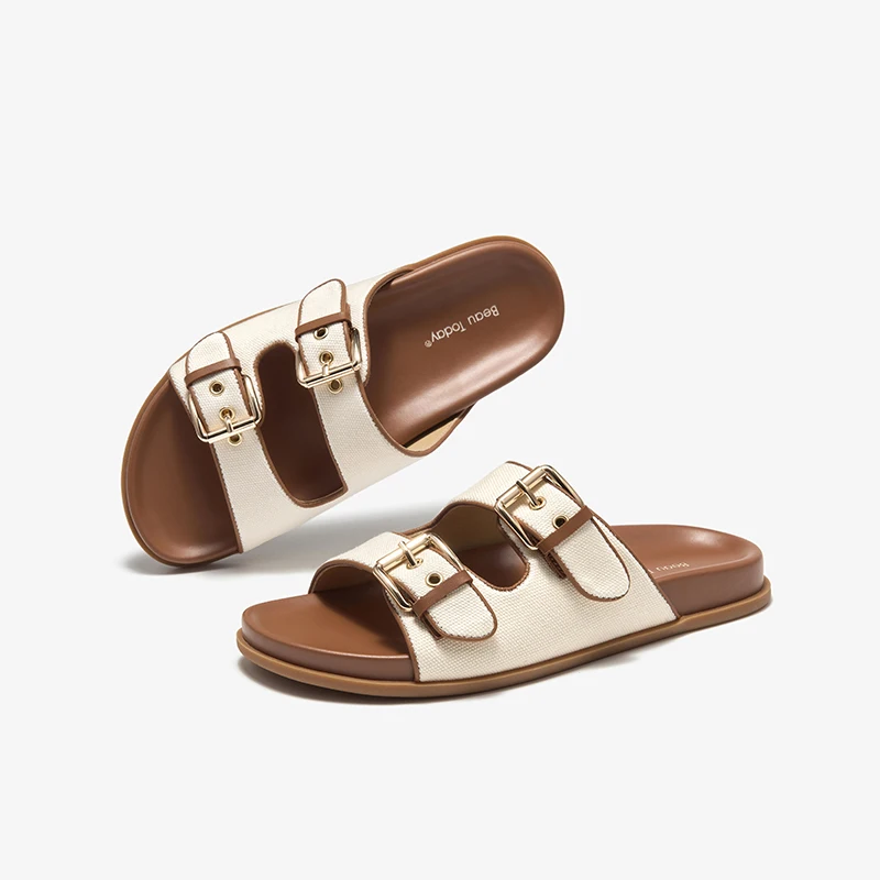 BEAUTODAY Flat Slippers Women Canvas Microfiber Double Metal Buckles Summer Vacation Outdoor Platform Female Casual Shoes 34137