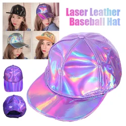 Women Men Faux PU Leather Laser Hat Fashion Hip Hop Caps Rainbow Gradient Colorful Reflective Leather Baseball Cap