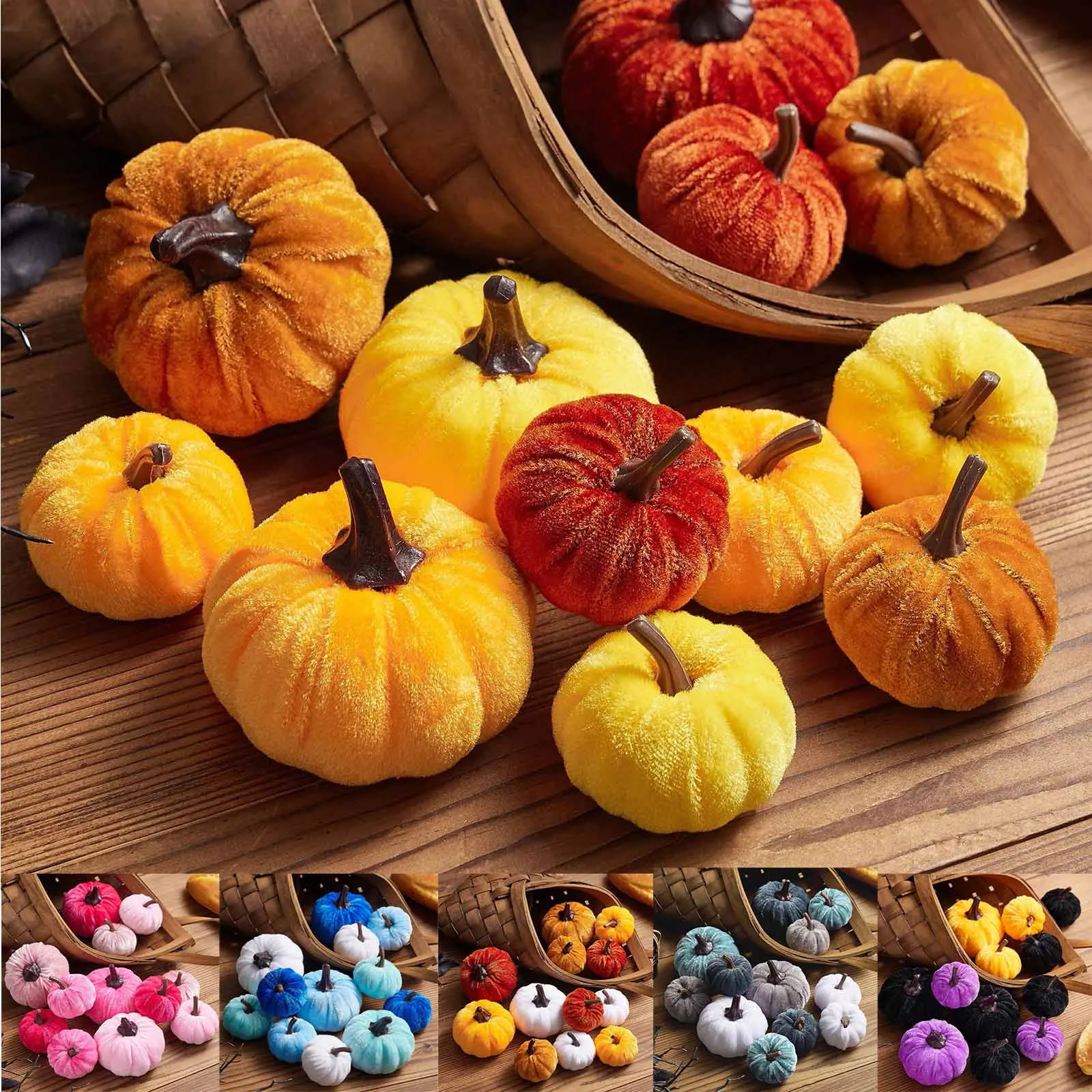 

12pcs Colorful Artificial Fake Velvet Pumpkins Decoration for Fall Thanksgiving Cute Miniature Room Decor for Dollhouses